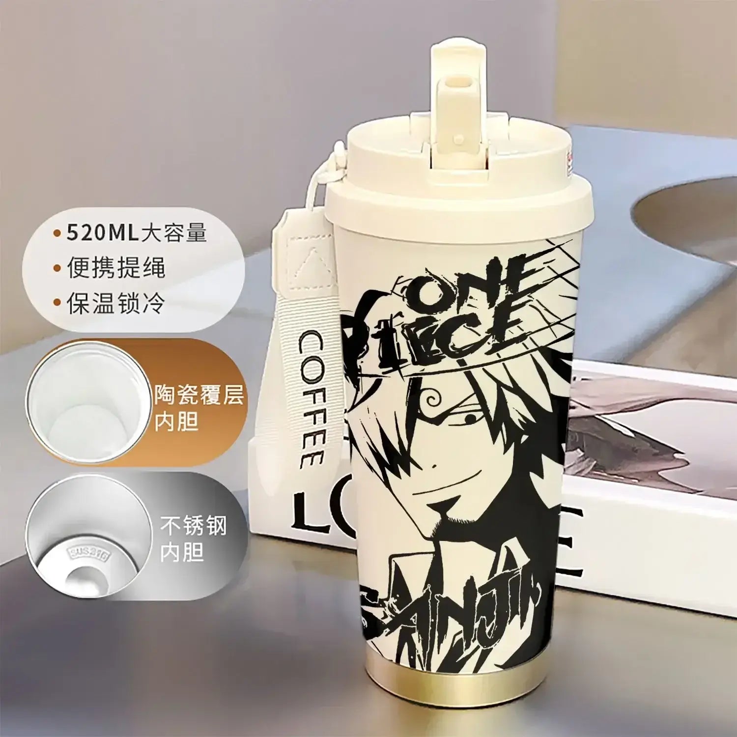 One Piece Thermos Cup: 520ML Luffy & Zoro Anime Straw Mug