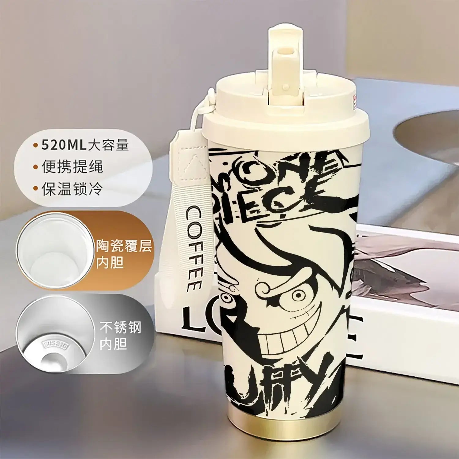 One Piece Thermos Cup: 520ML Luffy & Zoro Anime Straw Mug