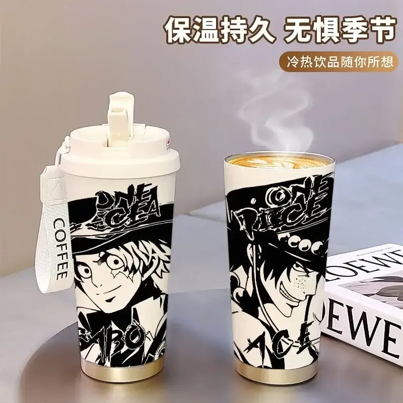 One Piece Thermos Cup: 520ML Luffy & Zoro Anime Straw Mug