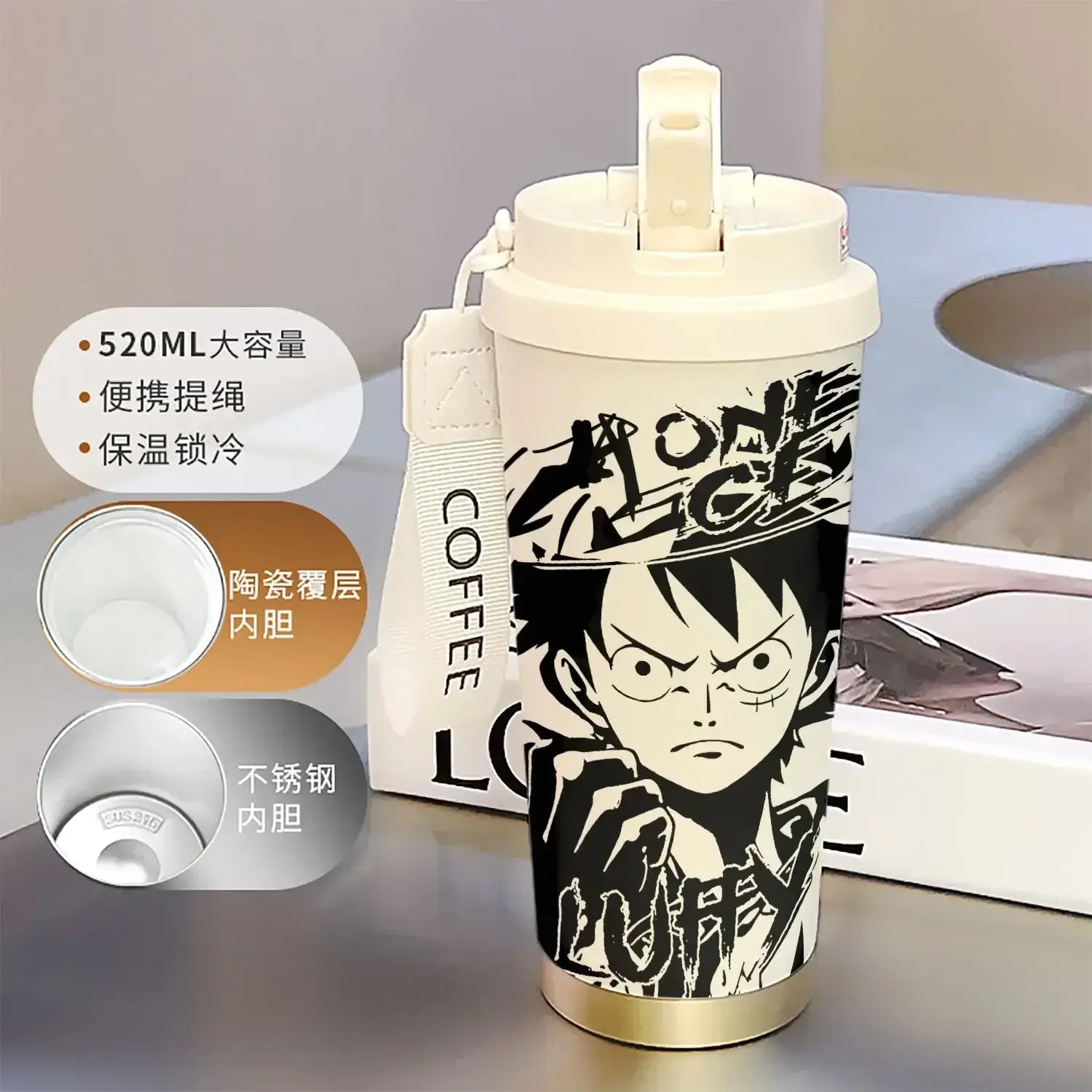 One Piece Thermos Cup: 520ML Luffy & Zoro Anime Straw Mug